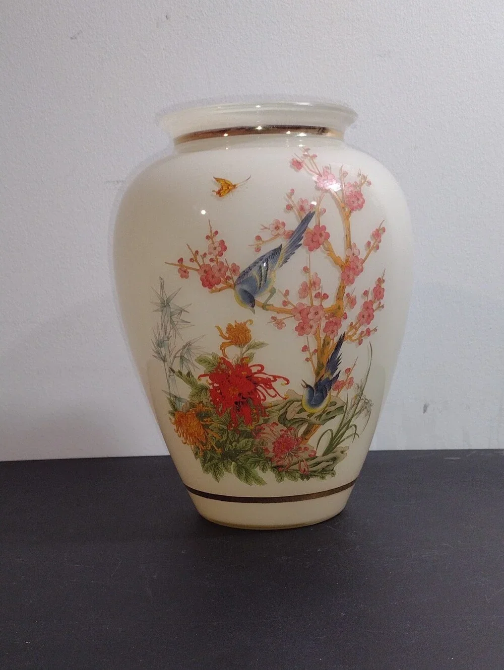 Anchor Hocking Cream Vase with Blue Birds and Pink Blossoms